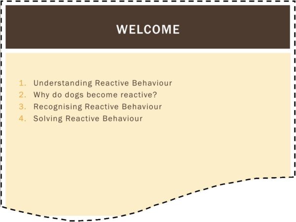 How to Solve Reactive Dog Behaviour course screenshot heading screen. Headings are: understanding reactive behaviour, why do dogs become reactive, recognising reactive behaviour, solving reactive behaviour